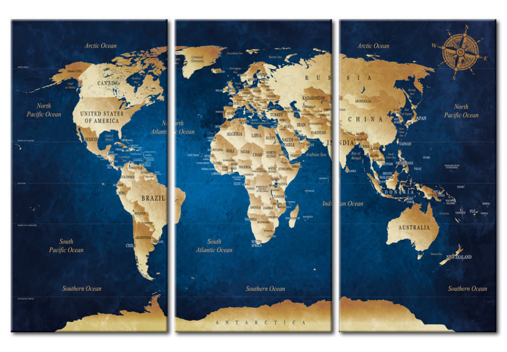 Poster en cadre Boussole et la carte du monde, Voyage, expédition, la  géographie 