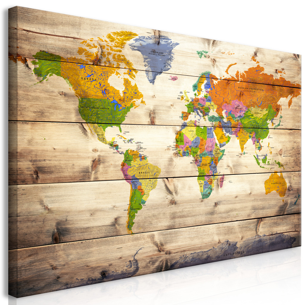 Duży Obraz XXL Mapa Na Drewnie: Kolorowe Podróże II [Large Format]