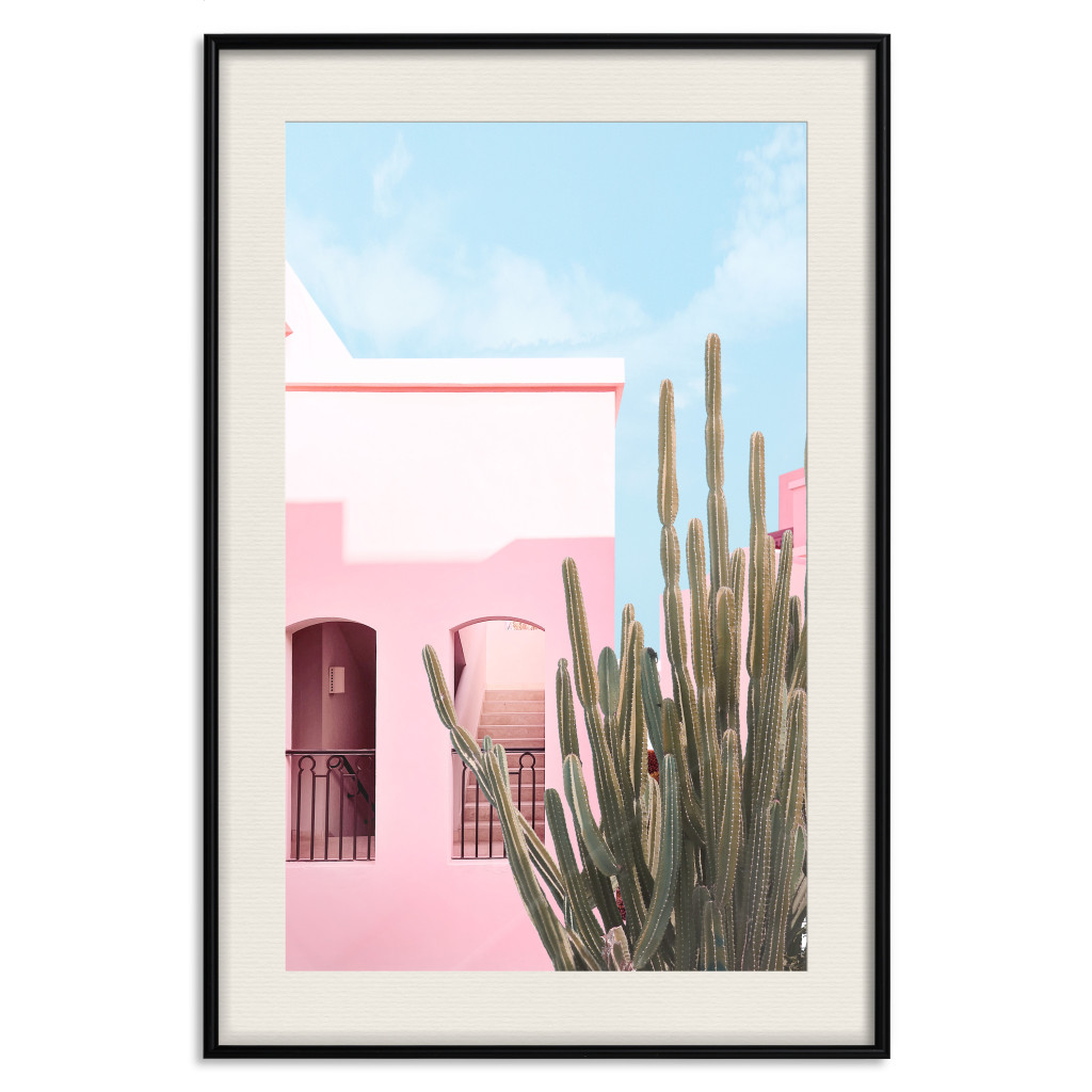 Plakat: Kaktus Miami - Różowy Wakacyjny Dom Na Tle Błękitnego Nieba I światła