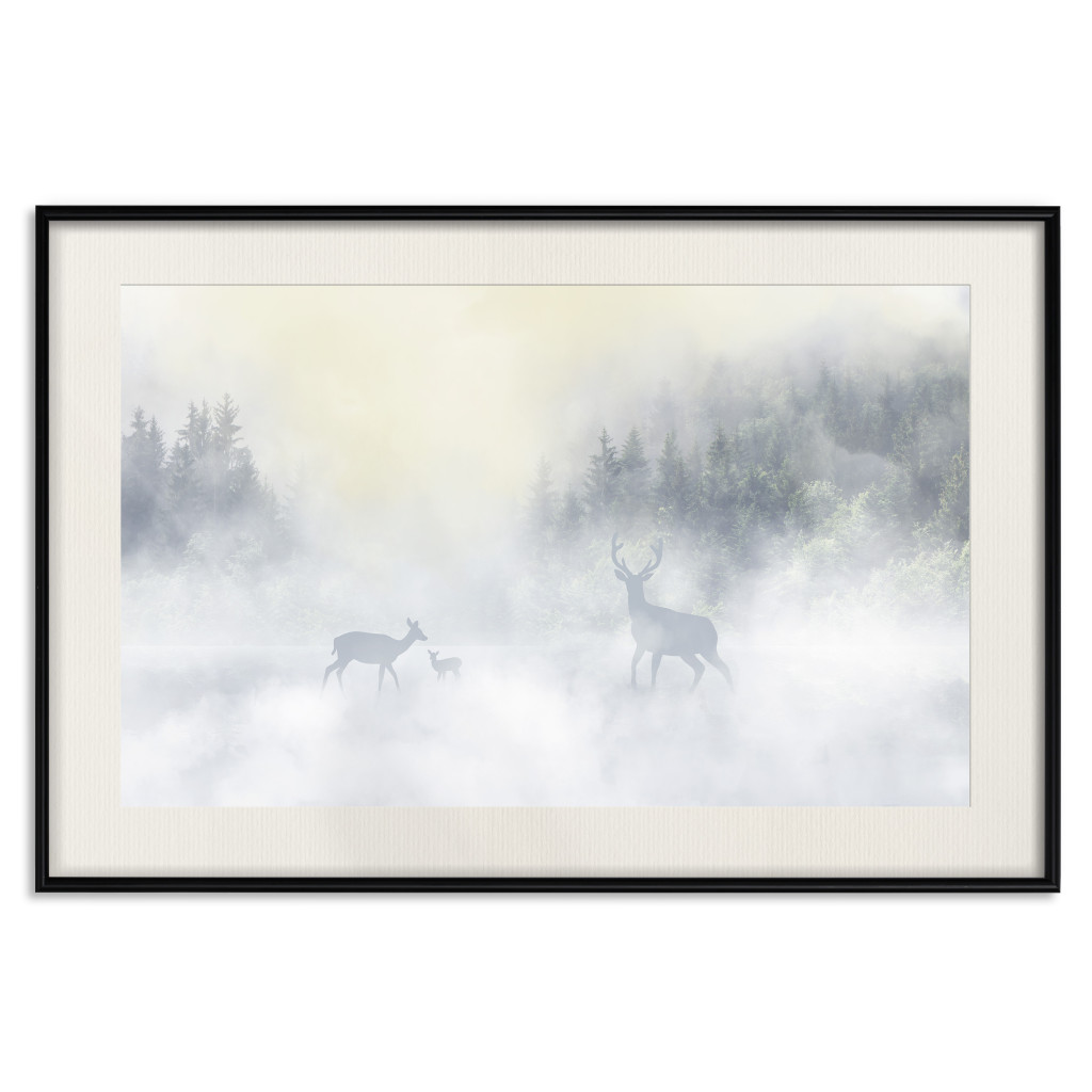 Poster Decorativo Roe Deer And Deer In The Fog - Animals Against The Background Of Forests, Lake And Mountains