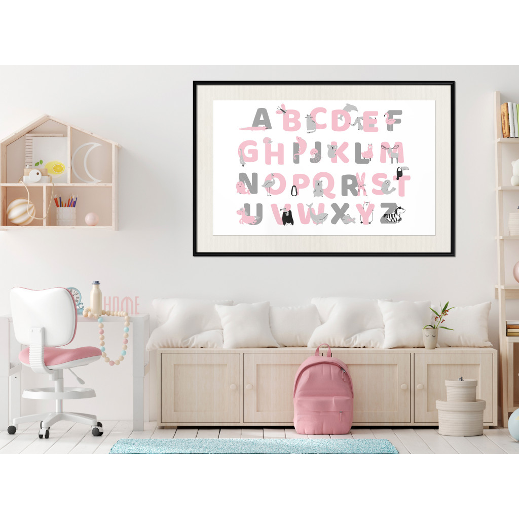 Poster Decorativo English Alphabet For Children - Gray And Pink Letters With Animals