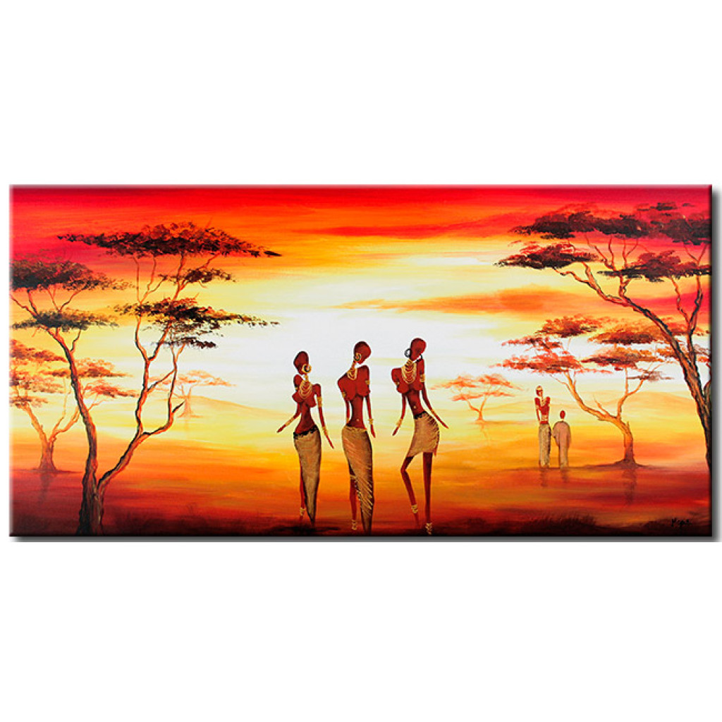 Tavla Afrikansk Dans (1-del) - Landskap Med Träd Och Solnedgång