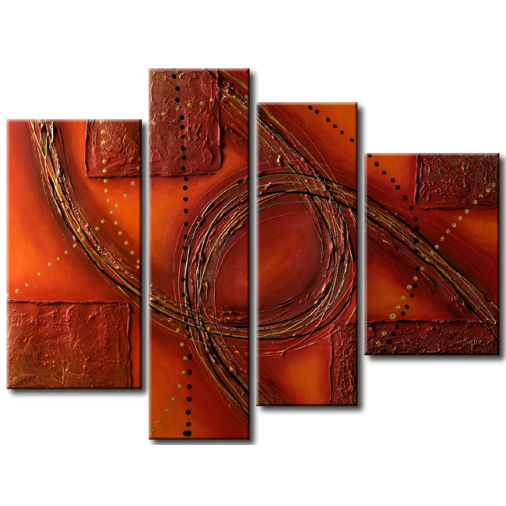 Schilderij  Abstract: Abstractie Van Ringen (4-delig) - Fantasiepatroon Op Een Rode Achtergrond