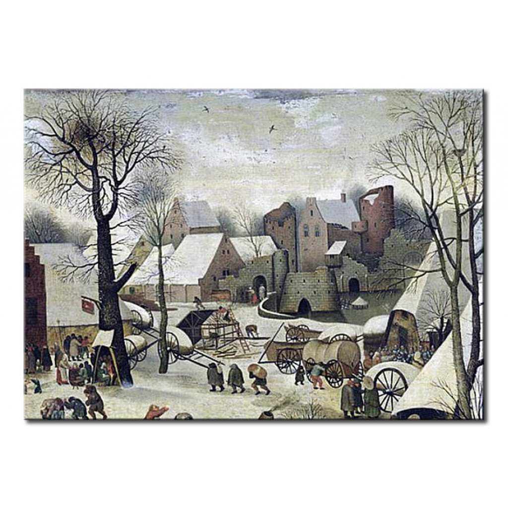 Schilderij  Pieter Bruegel The Elder: The Census At Bethlehem, Detail Of The Houses And Fortifications