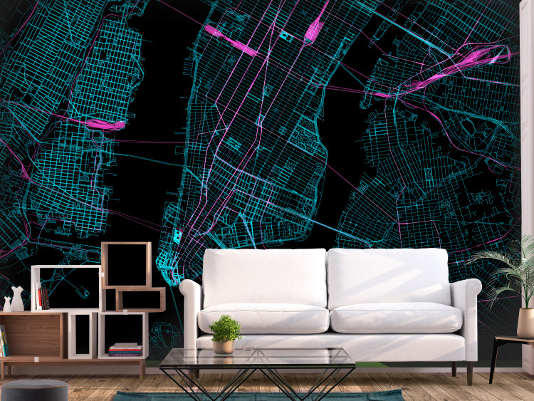 Carta da parati moderna Mappa di Manhattan - piano del quartiere di New York su uno sfondo nero 131610