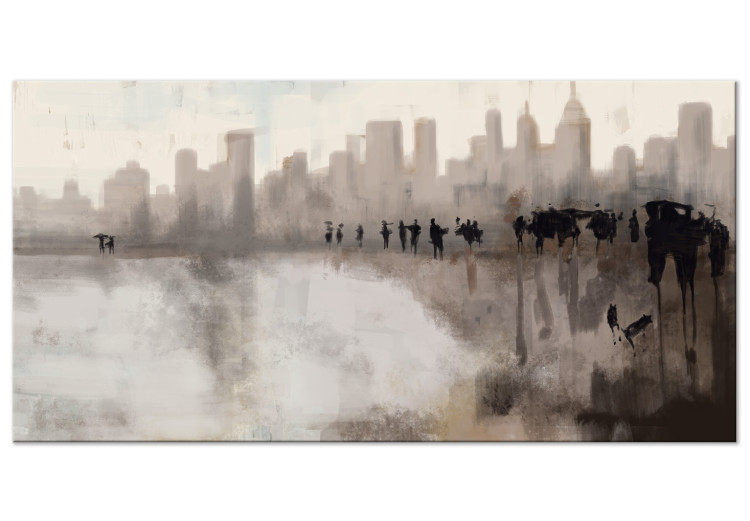 Canvas Urban downpour - blurry landscape of city and people during rain