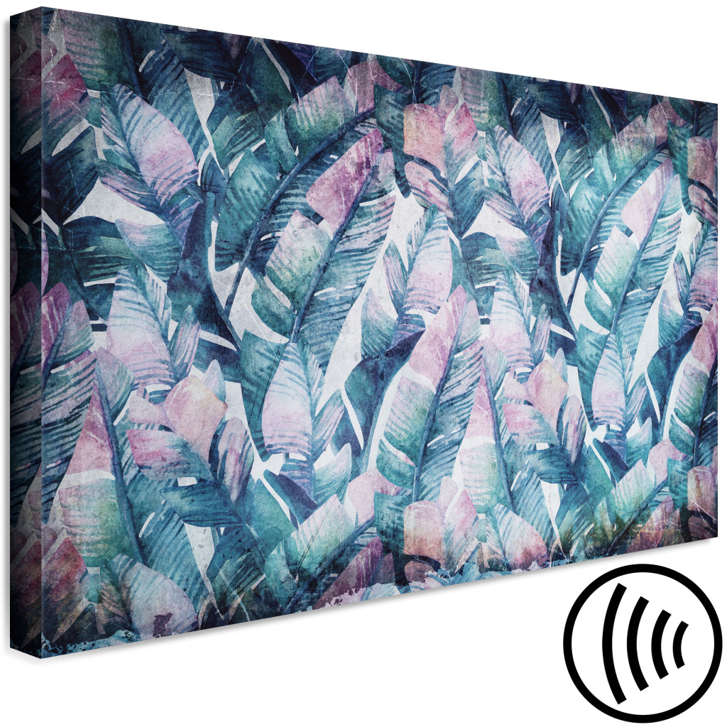 Schilderij  Landschappen: Exotische Bladeren - Abstractie Van Blauw-roze Palmbladeren