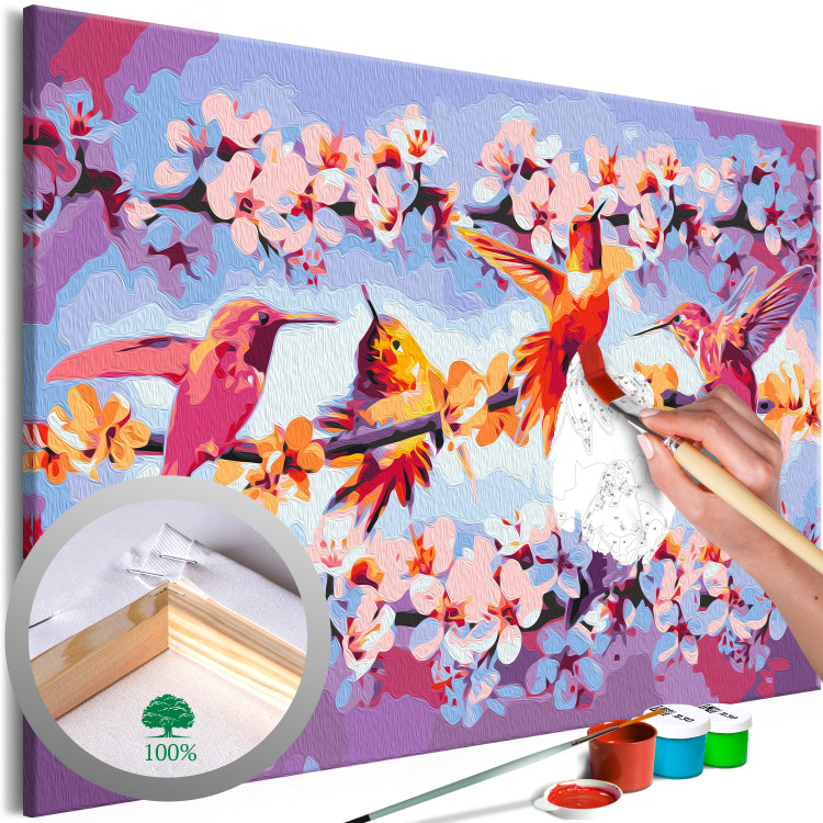 Obraz do malowania po numerach Rozćwierkane - kolorowe kolibry i fioletowe kwitnące gałązki 144610