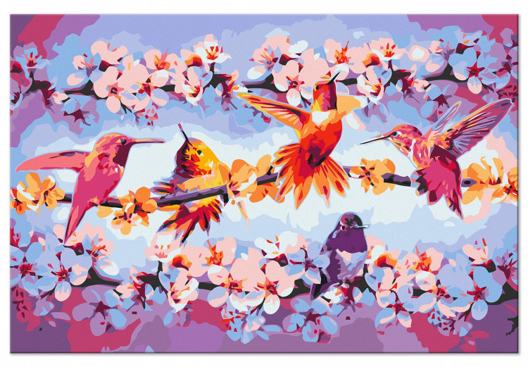 Obraz do malowania po numerach Rozćwierkane - kolorowe kolibry i fioletowe kwitnące gałązki 144610 additionalImage 3