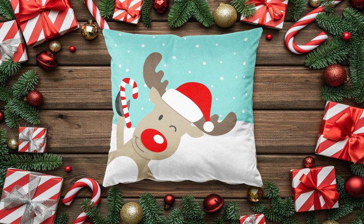Decorative Velor Pillow Christmas reindeer - animal with a hat in snow on turquoise background 148510 additionalImage 3