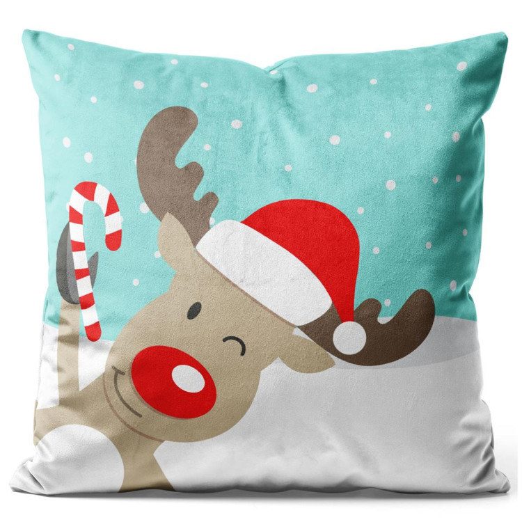 Decorative Velor Pillow Christmas reindeer - animal with a hat in snow on turquoise background 148510
