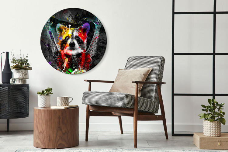 Round Canvas Raccoon - Friendly Animal in Juicy Colors on a Black Background 148610 additionalImage 2