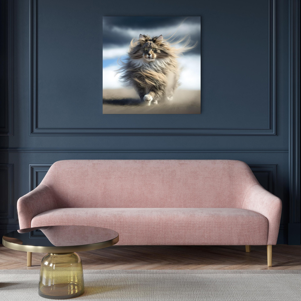 Obraz AI Kot Maine Coon - Dumnie Kroczący Zwierzak Z Rozwianym Włosem - Kwadratowy