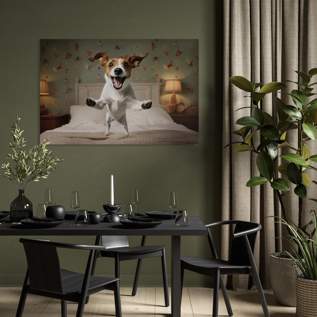 Schilderij  Honden: AI Dog Jack Russell Terrier - Joyful Animal Jumping From Bed Into Owner’s Arms - Horizontal
