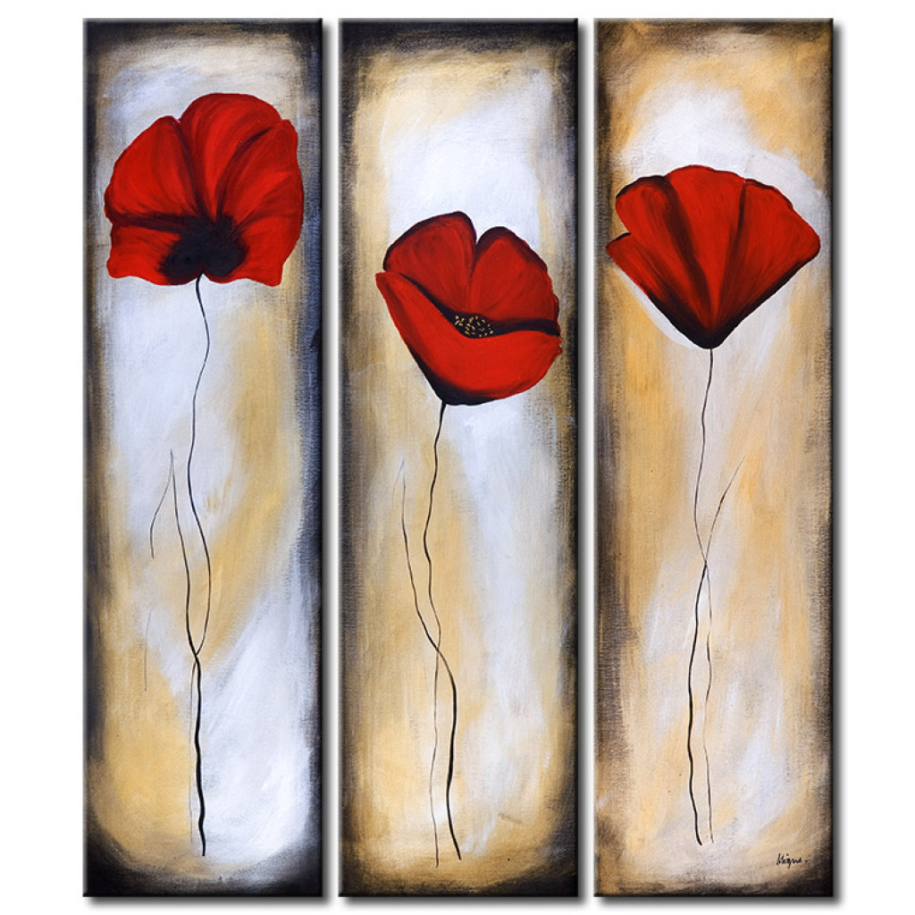 Quadro Pintado Trio De Papoilas (3 Partes) - Motivo Floral Com Flores Vermelhas