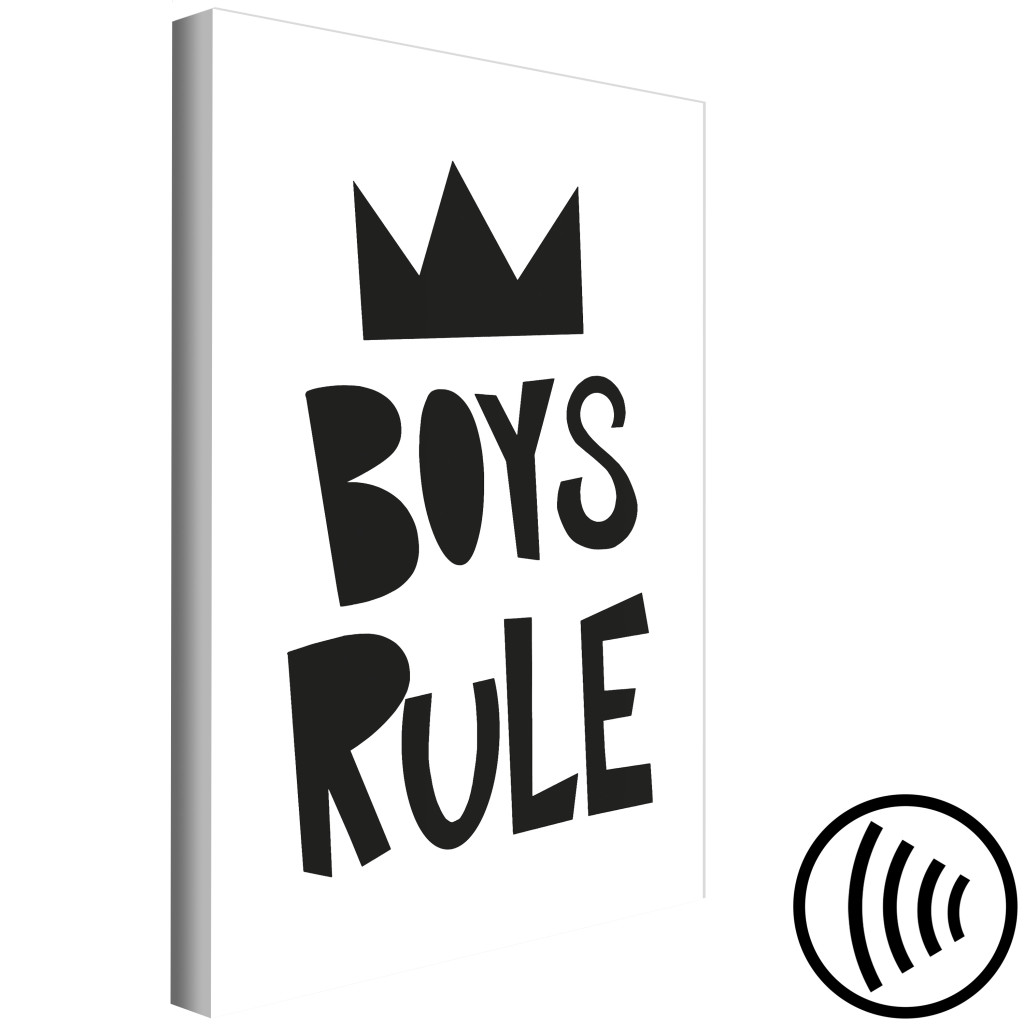 Schilderij  Met Inscripties: Boys Rule (1-delig) - Zwart-wit Grafisch Motief Met Een Kroon