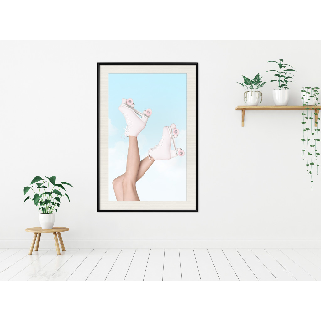 Muur Posters Pink Roller Skates Against A Blue Sky - Girl Swinging Her Legs