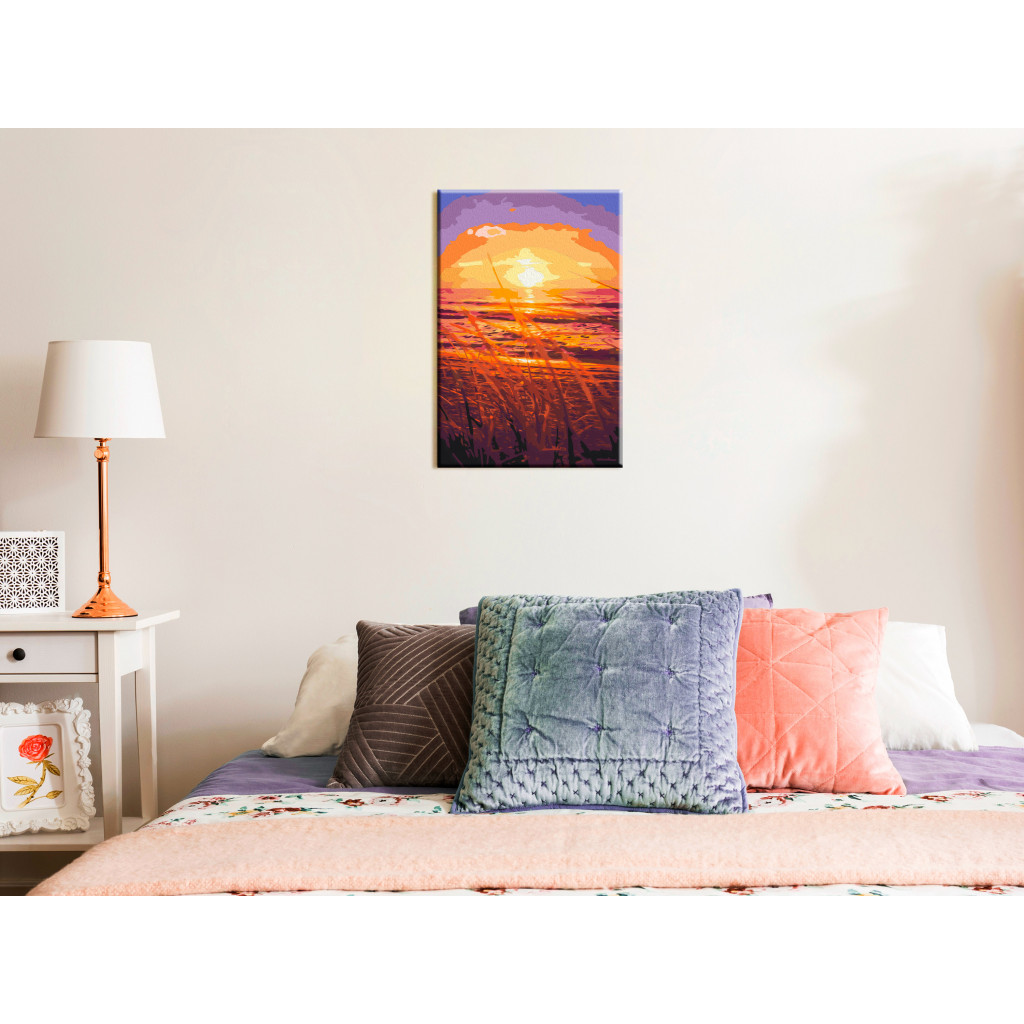 Obraz Do Malowania Po Numerach Letni Wieczór - Pomarańczowy Zachód Słońca Na Plaży Pełne Traw