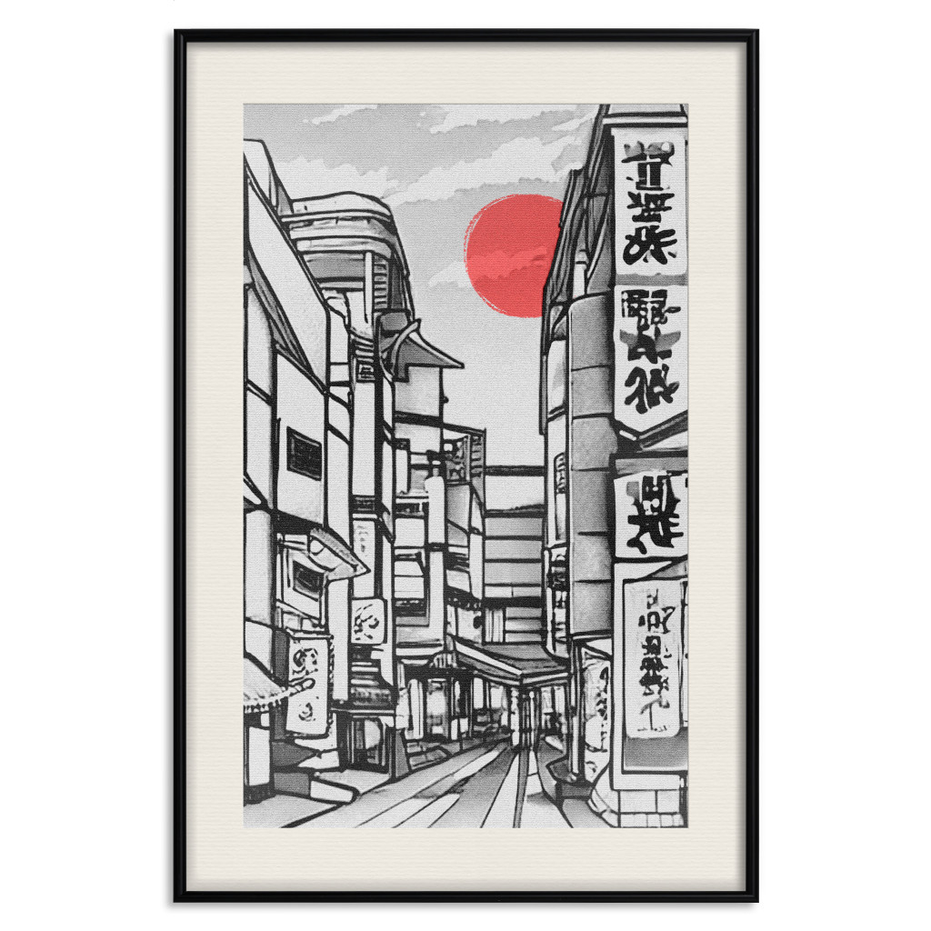 Muur Posters Street In Japan - Asian Style Black And White City Architecture