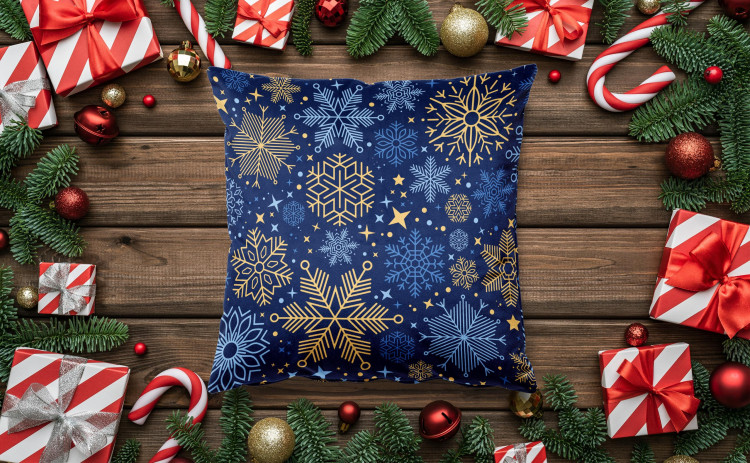 Decorative Velor Pillow Winter elegance - blue and gold stars, twigs and flowers 148520 additionalImage 2