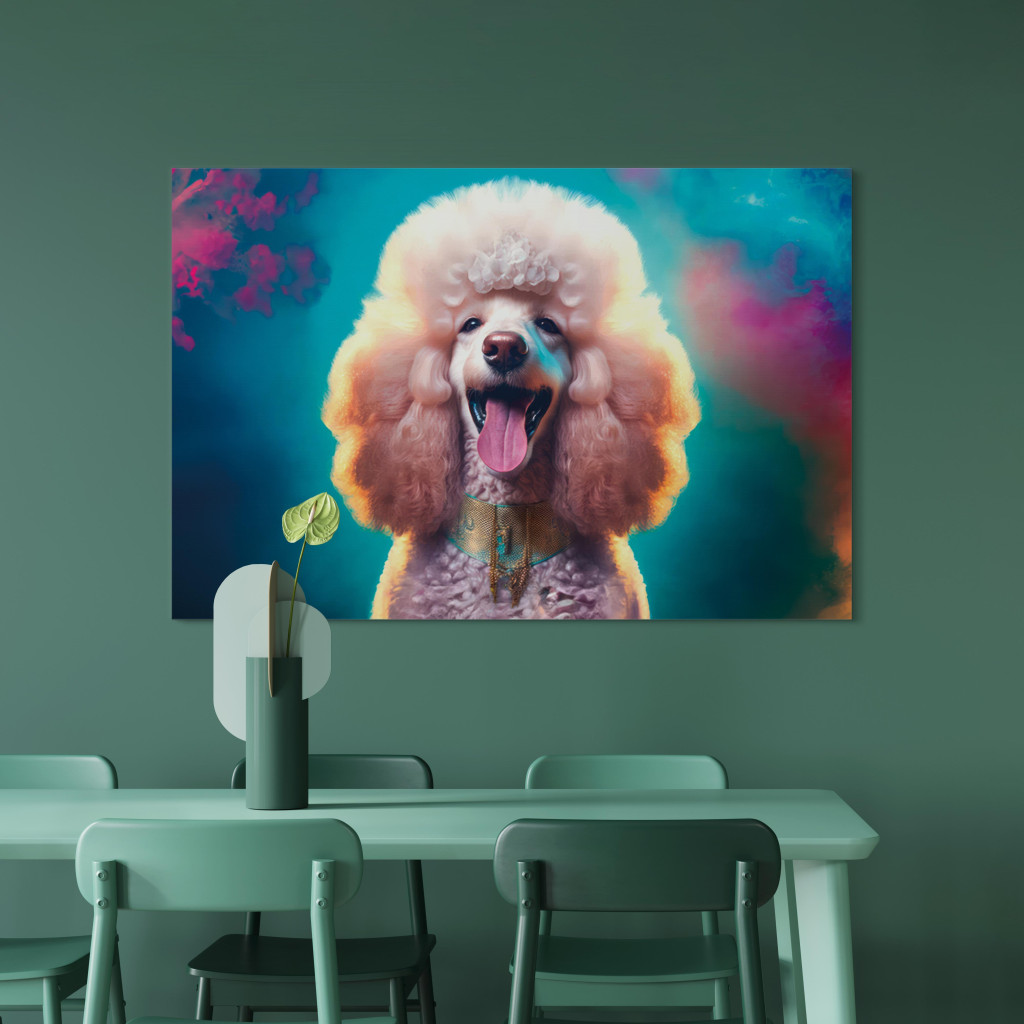 Konst AI Fredy The Poodle Dog - Joyful Animal In A Candy Frame - Horizontal