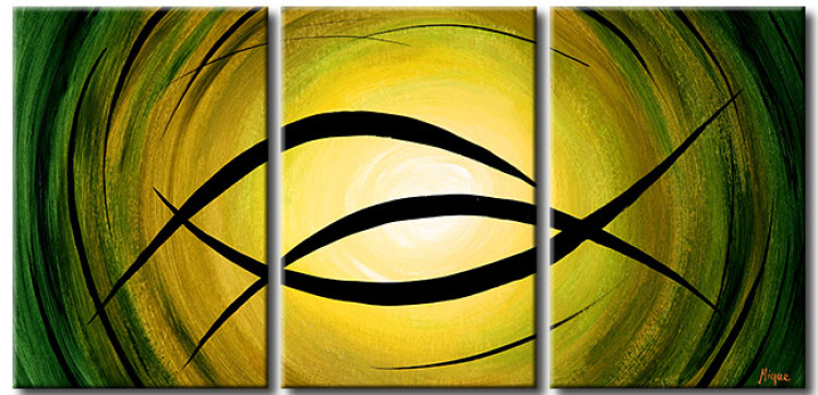 Canvas Fantasy (3-piece) - Abstraction with a black sun on a green background 48220