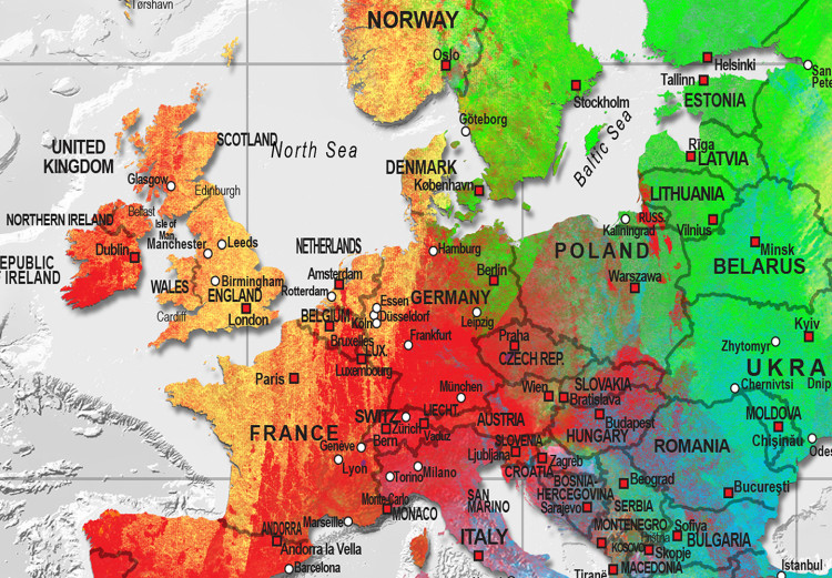 Fototapeta Kolorowa mapa świata - kontynenty z nazwami po angielsku na białym tle 95020 additionalImage 3