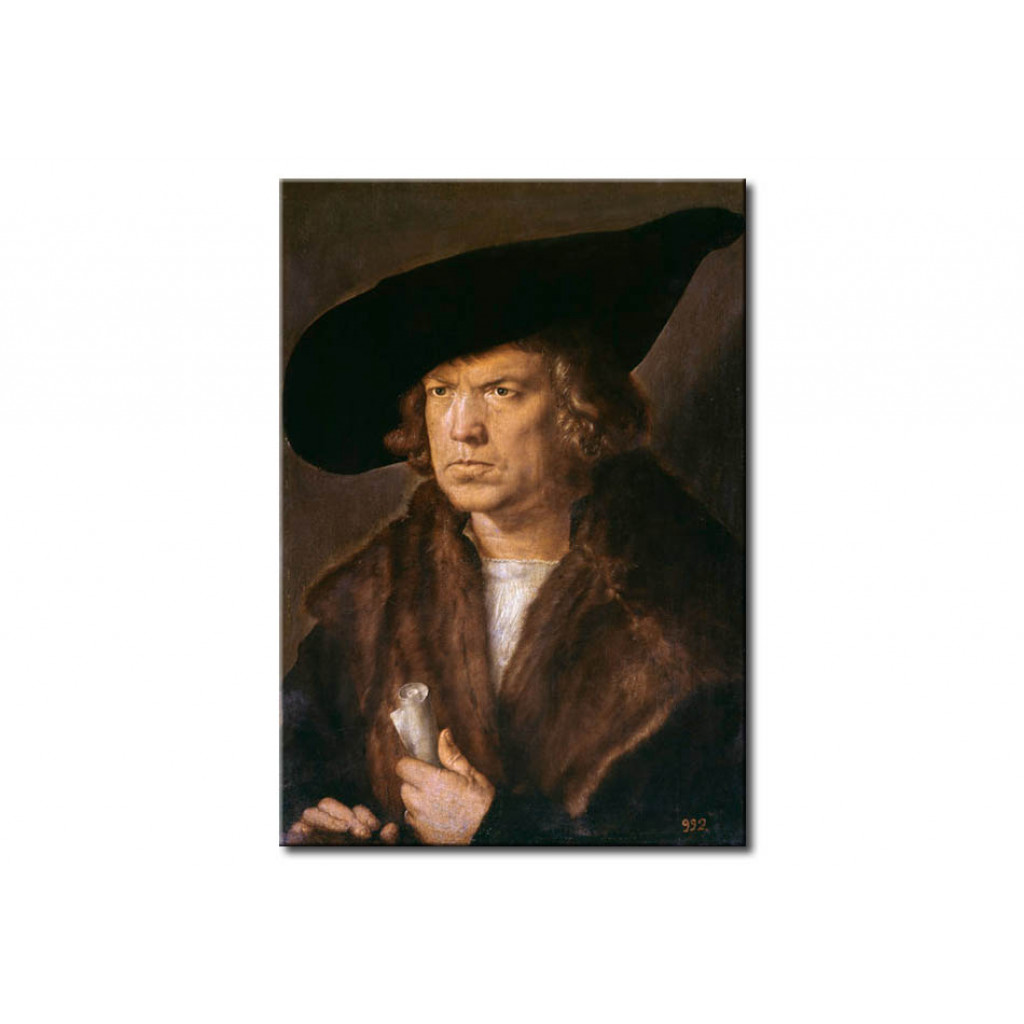 Schilderij  Albrecht Dürer: Bildnis Eines Bartlosen Mannes Mit Großem Barett