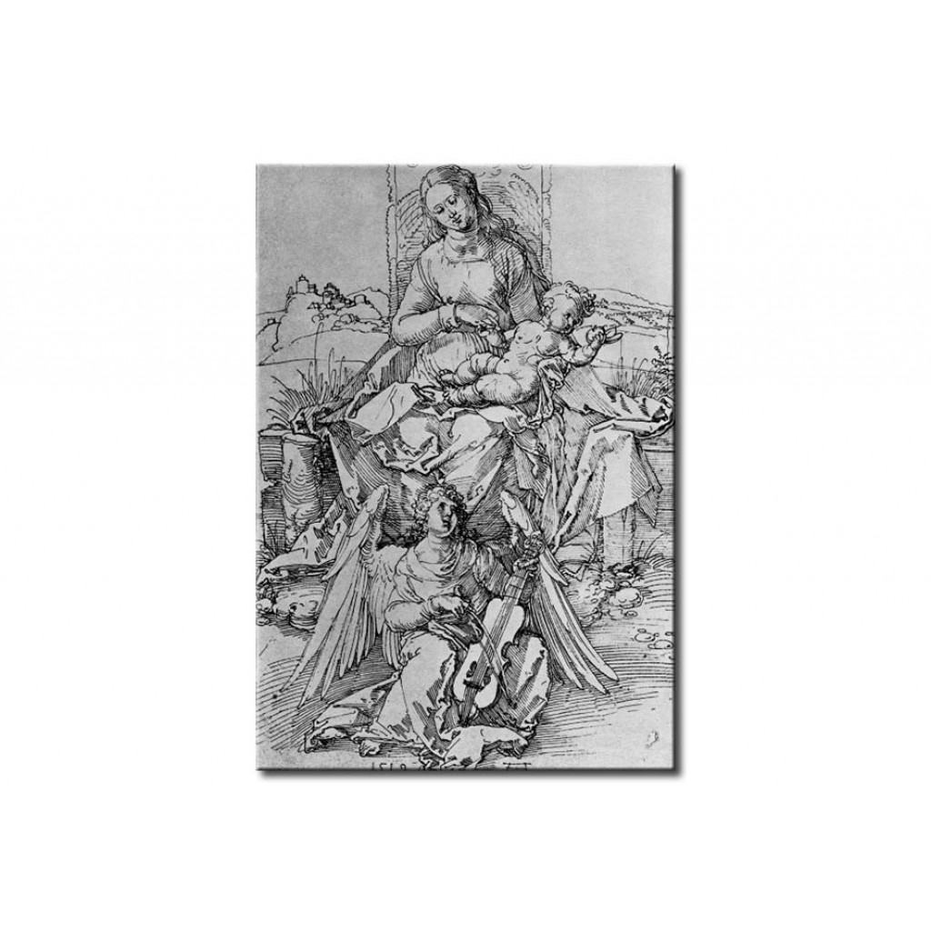 Schilderij  Albrecht Dürer: Madonna And Child On A Grassy Bench With Angel Playig The Violin