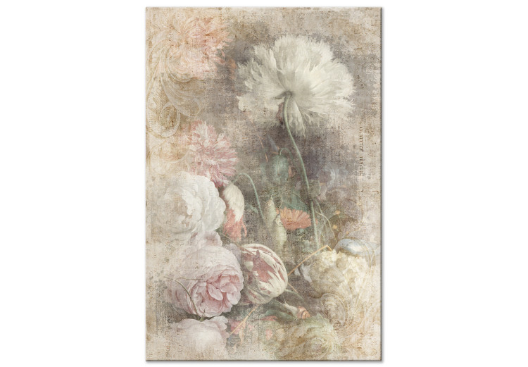 Obraz Martwa natura w stylu vintage - delikatne kwiaty na szarym tle 135930