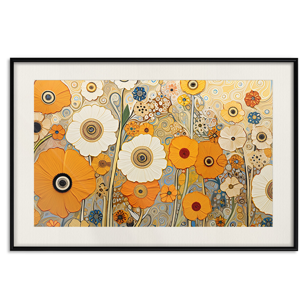 Plakat: Pomarańczowa Kompozycja - Kwiaty Na łące W Stylistyce Obrazów Klimta