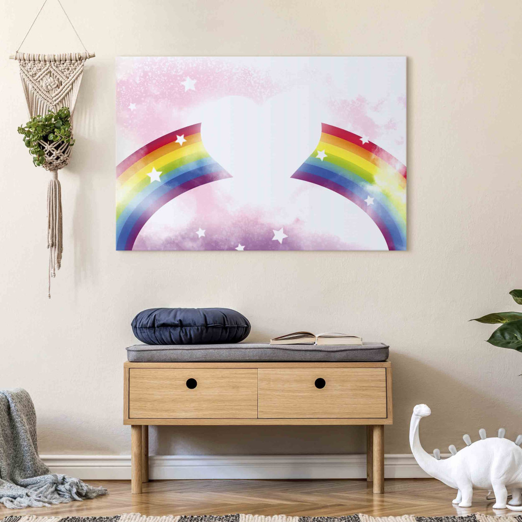 Schilderij  Voor Kinderen: Shining Heart - Pink Composition For Girls On A Rainbow Background
