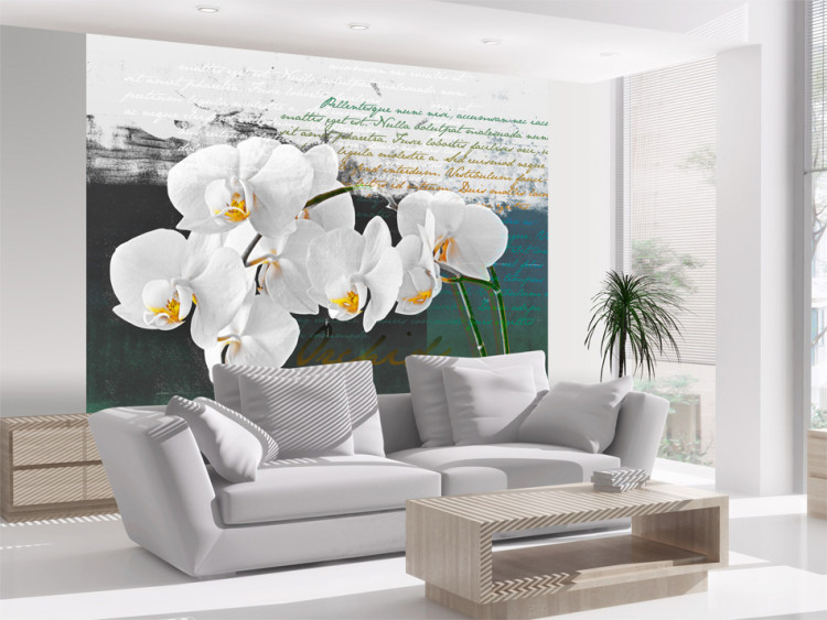 Wall Mural Orchid - Poet's Inspiration is a White Floral Motif with Inscriptions in the Background 60630