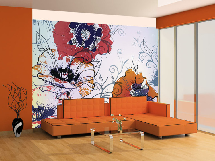 Wall Mural Delicate Floral Motif - Sketch of Colorful Flowers on Imaginary Background 60830