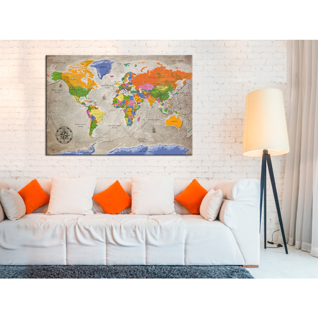 Schilderij  Kaarten Van De Wereld: Reis Naar Het Onbekende Met Een Kompas (1-delig) - Wereldkaart In Retrostijl