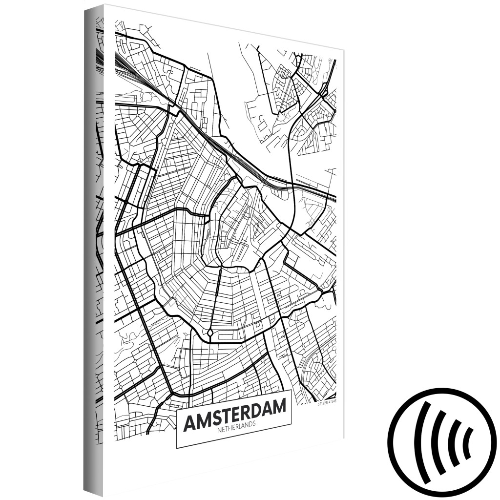 Schilderij  Kaarten Van De Wereld: Amsterdam Straten - Zwart-wit Lineaire Kaart Van Een Nederlandse Stad