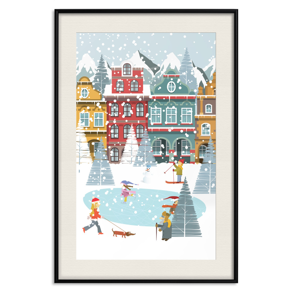 Plakat: Zimowe Miasteczko - Kamienice I Lodowisko W świątecznym Klimacie