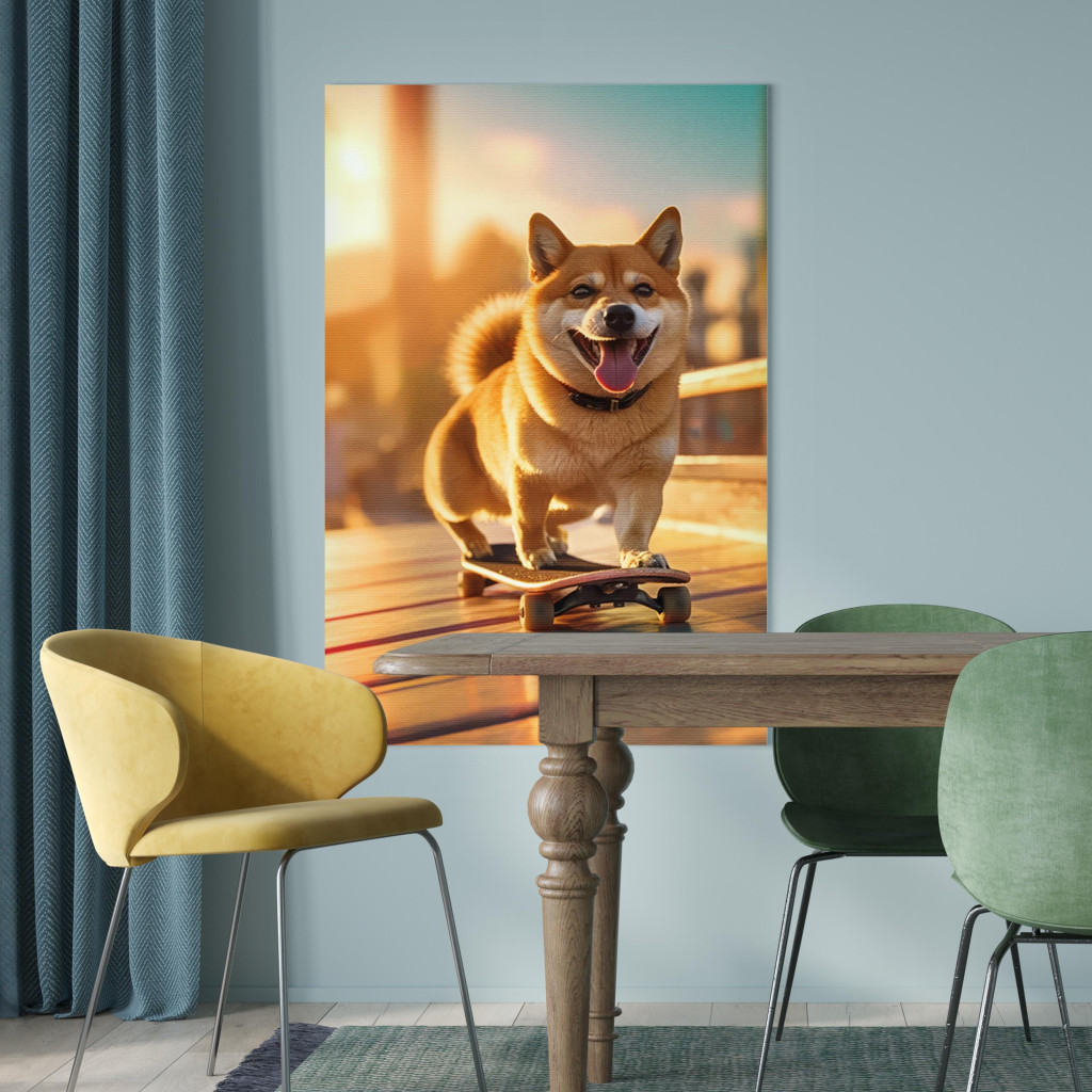 Obraz AI Pies Shiba - Uśmiechnięte Zwierzę Na Deskorolce O Zachodzie Słońca - Pionowy