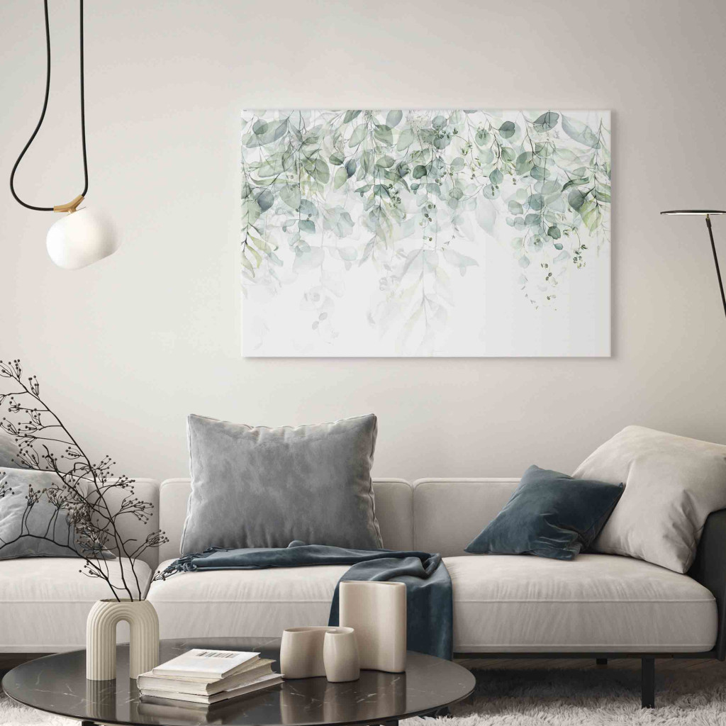 Schilderij  Bladeren: Delicate Touch Of Nature - Plants In Pastel Delicate Greens On A White Background