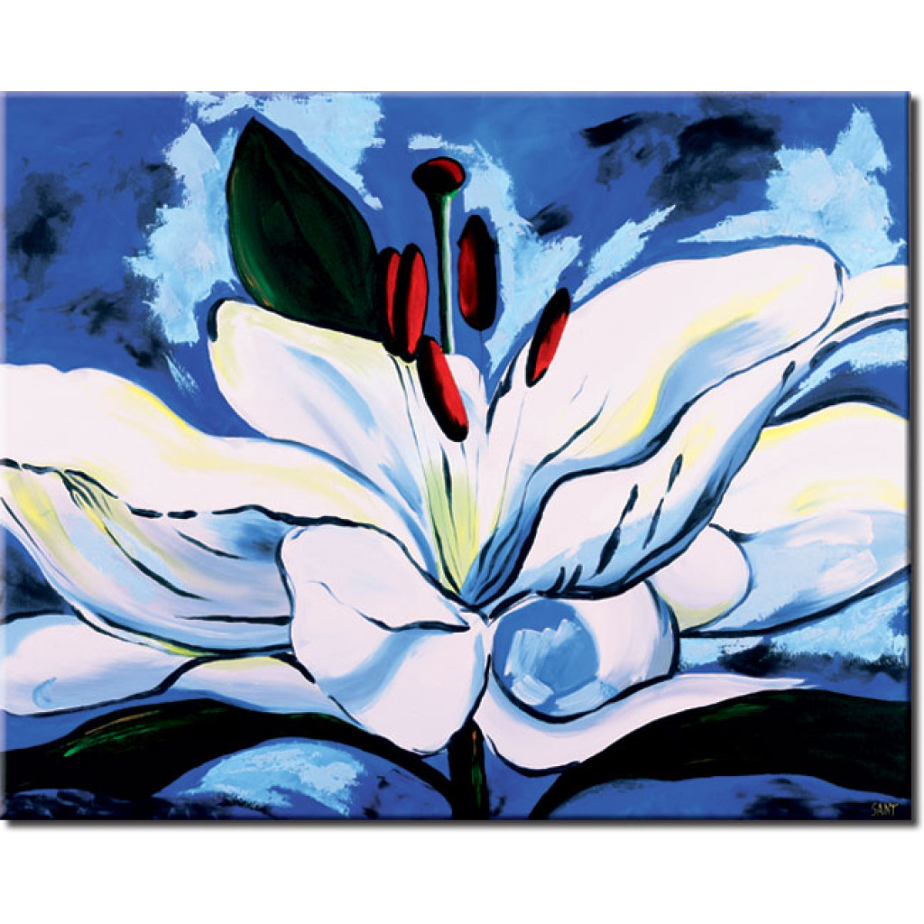 Schilderij  Lelies: Bloeiende Witte Lelie (1-delig) - Plantenmotief Op Een Blauwe Achtergrond