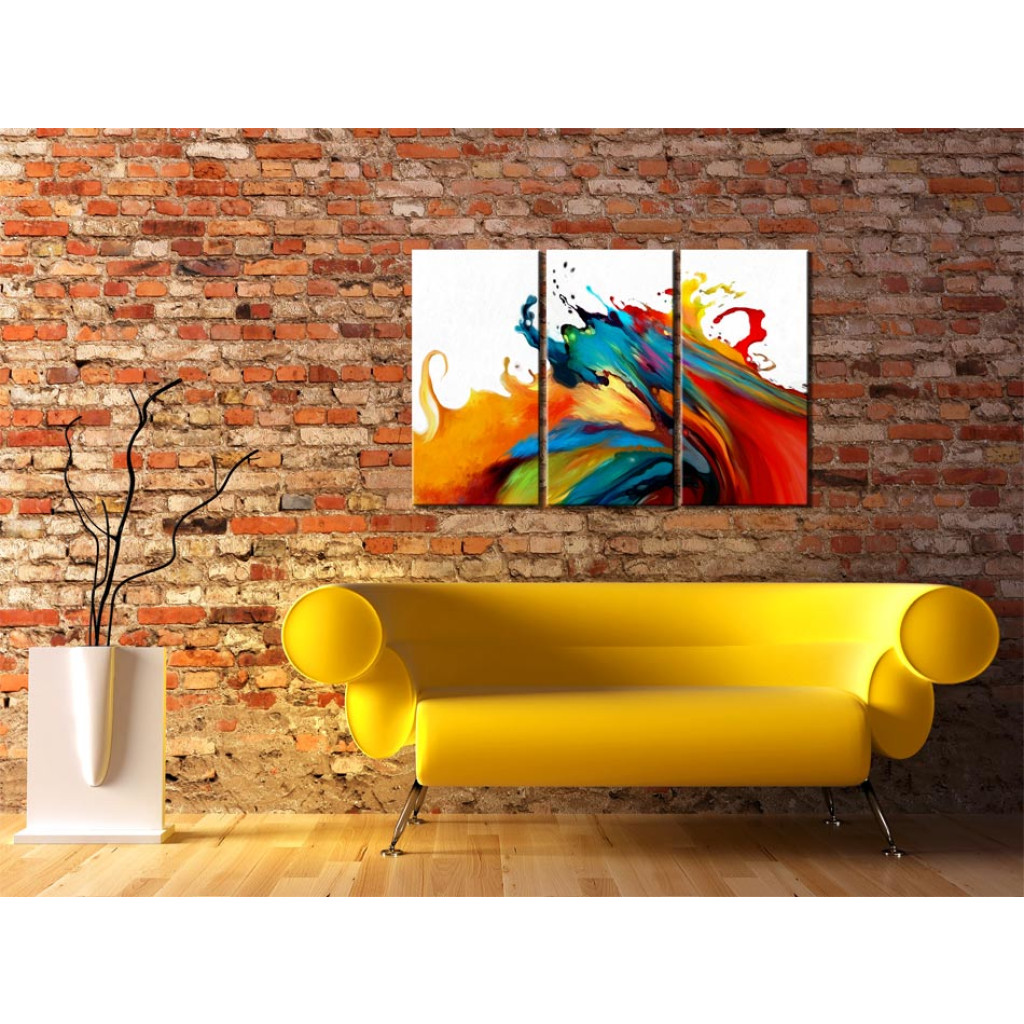 Schilderij  Gekleurde: Kleurrijke Storm (3-delig) - Kleurrijke Abstractie Op Een Witte Achtergrond