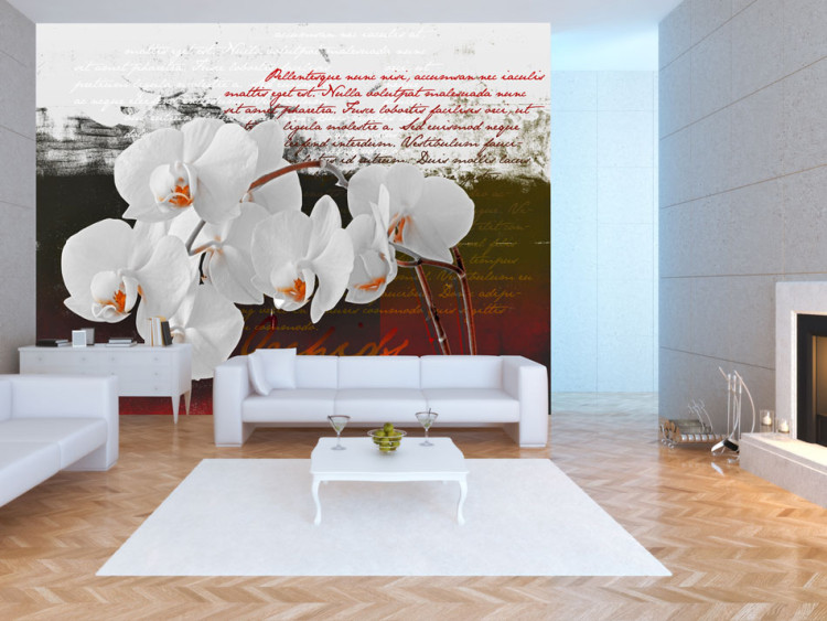 Wall Mural Diary and Orchids - Floral Motif with Flowers in the Center and Texts in the Background 60240