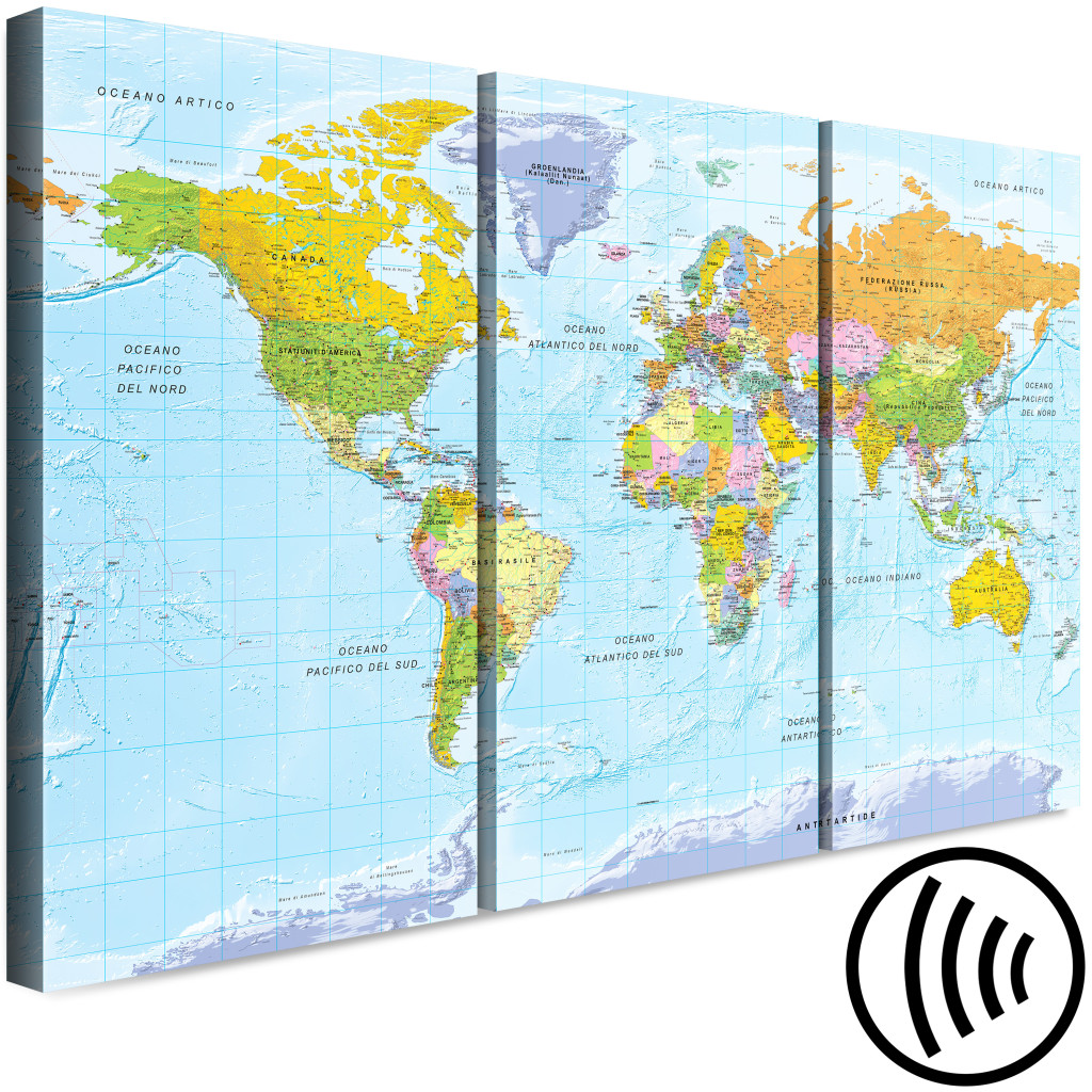 Tavla Världskarta I Färger (3-del) - Kontinenter Med Italienska Texter