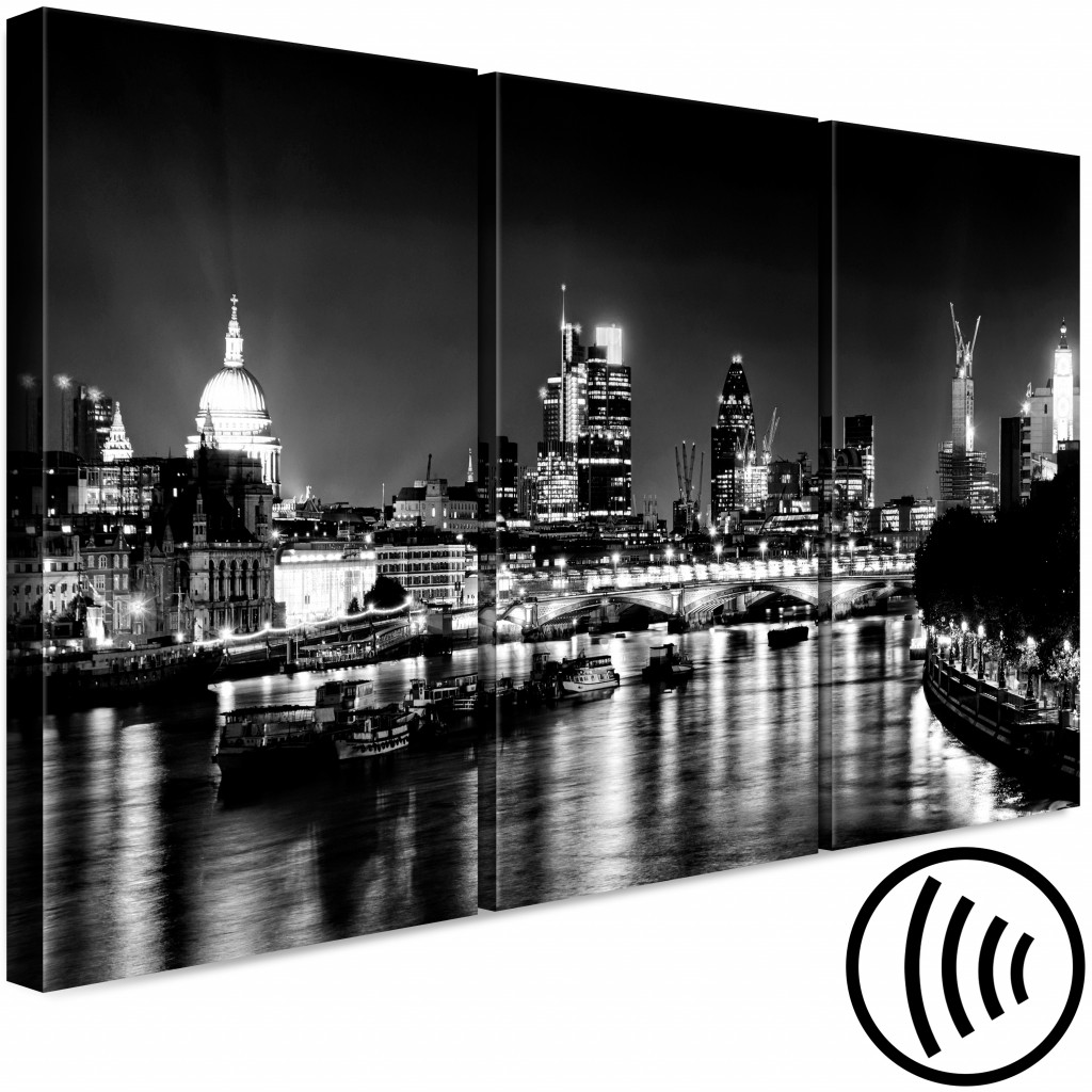 Schilderij  Londen: Drieluik Londen Bij Nacht - Zwart-wit Panorama Met De Theems