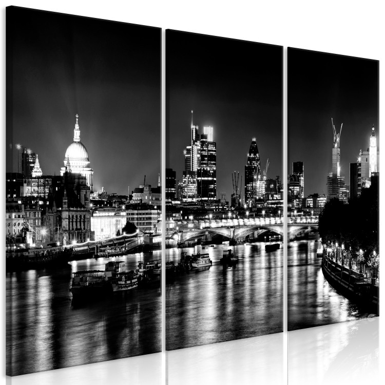 Canvas Triptych London by night - black and white panorama with the Thames 123650 additionalImage 2
