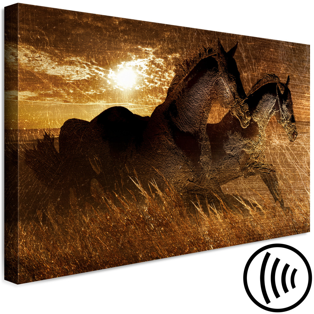 Schilderij  Paarden: Golden Gallop - Twee Paarden Die Door Een Gouden Weide Galopperen