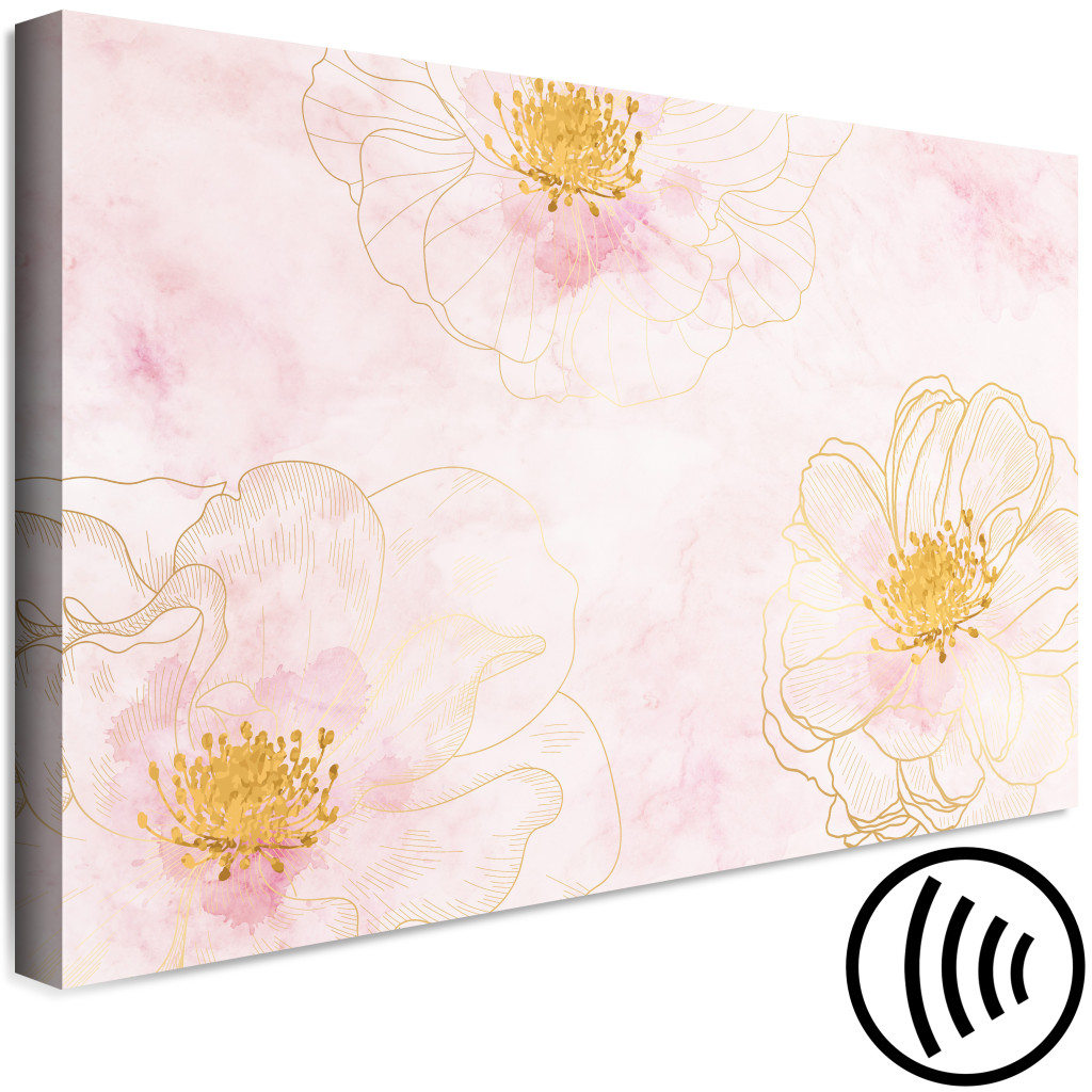 Canvastavla Blossom - Abstraktion Med Tre Blommor På En Rosa Bakgrund