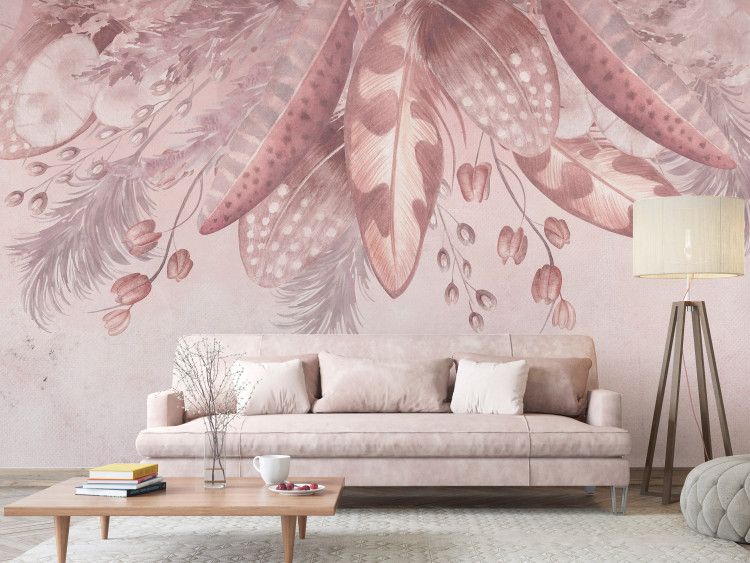 Fototapet Fjäder och löv i rosa - motiv av fjädrar och torkade löv i vintagestil 143850