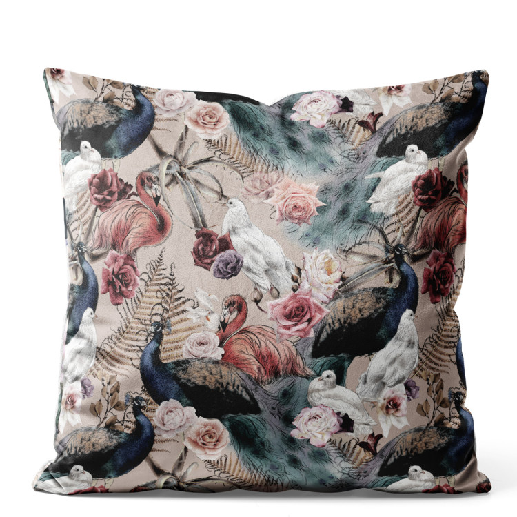 Sammets kudda Courtyard beauty - ferns, roses and exotic birds on a beige background 147150