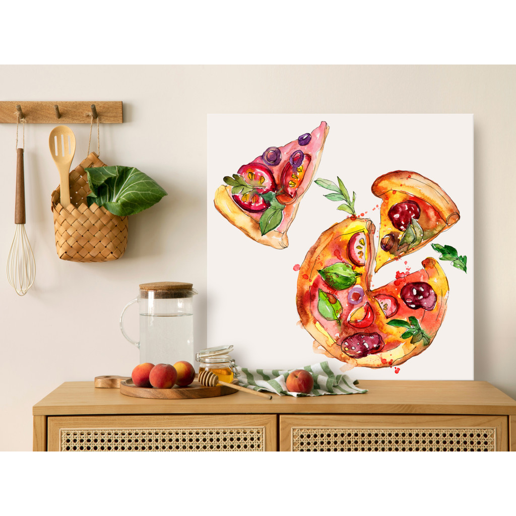 Schilderij  Keuken: Pizza In Pieces - Hand-Painted Motif Of Italian Cuisine